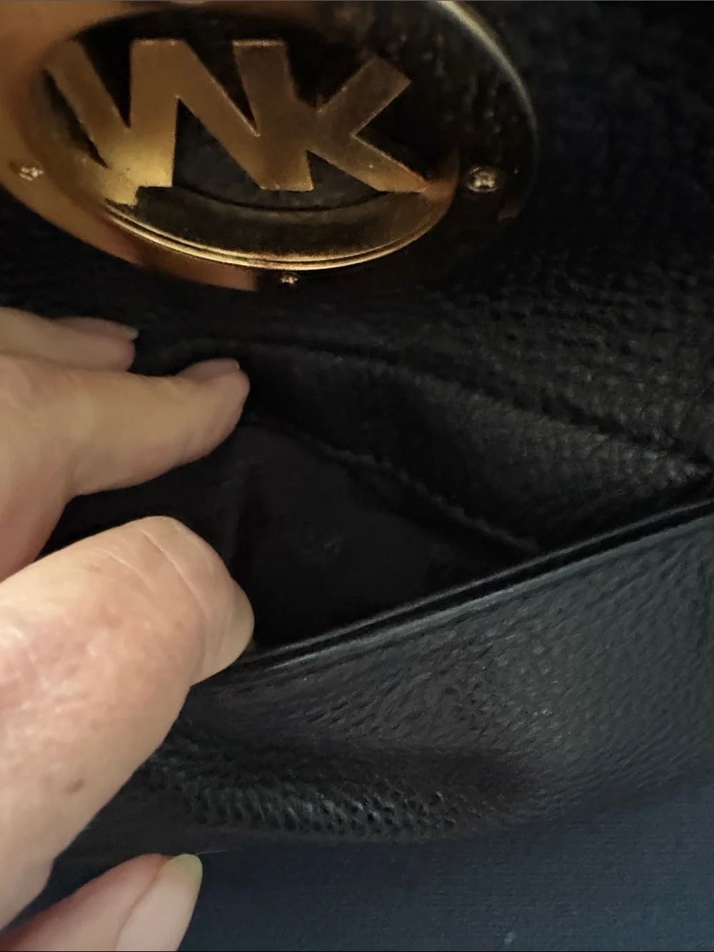 Michael Kors Black Pebbled Leather Shoulder Bag with Gold MK Logo